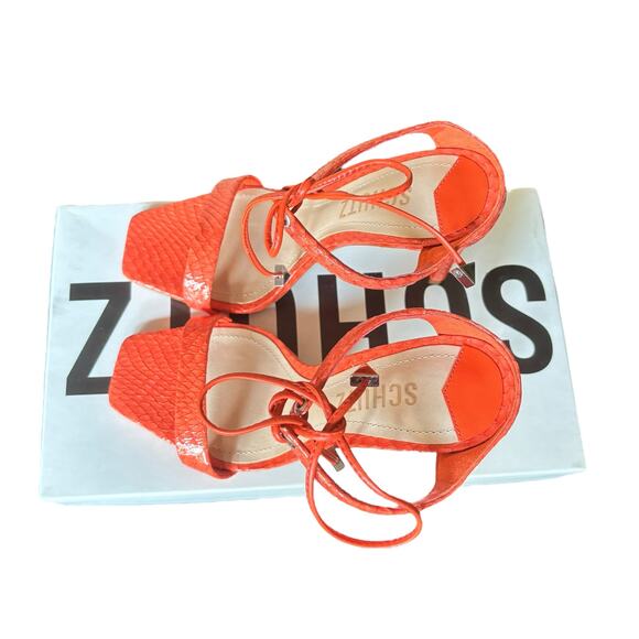 Schutz ‘Mavis’ Orange Snake Print Leather Mule Heel • US 5½ B - Picture 6 of 8